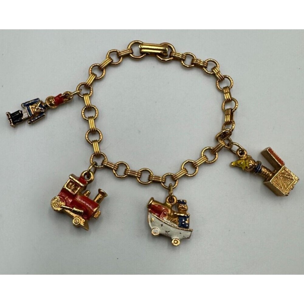 3/$30 Vintage Toy Charm Bracelet Rose Gold Tone Train Boat Clown Soldier 6"